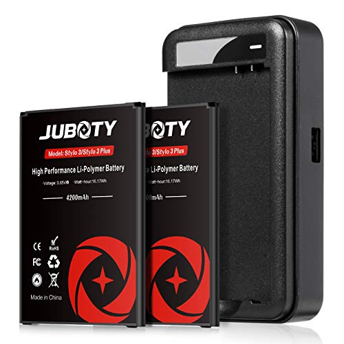LG Stylo 3 Battery, JUBOTY 2 X 4200mAh High Performance Replacement Battery for LG Stylo 3 / Stylo 3 Plus, BL-44E1F Spare Battery 2Pcs Pack with Charger(18 Month Warranty)