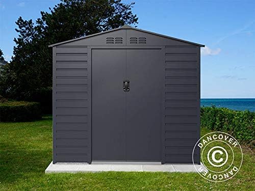 Dancover ProShed Metal Garden Shed installed on a concrete base in a garden setting