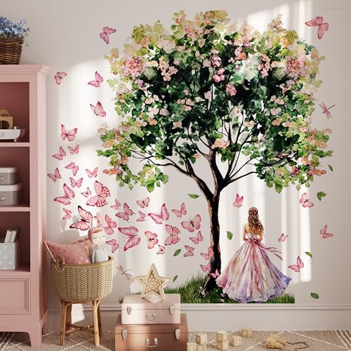 Vinilo Decorativo Fairy Garden Mariposa Rosa y Árbol Grande