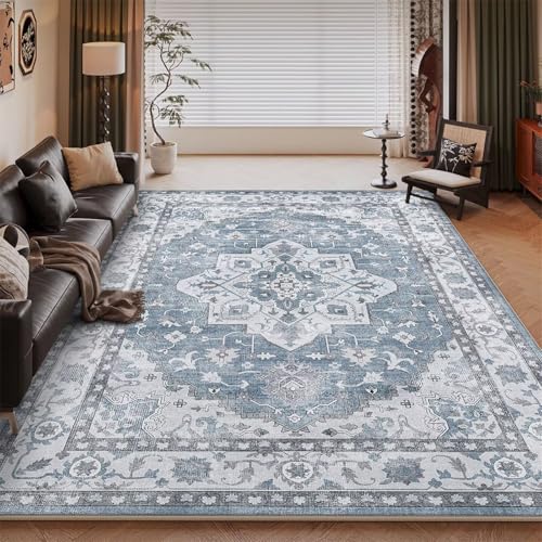 Tapis de chambre bleu 170x240 cm grand format rétro-fleuri