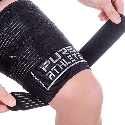 pure athlete thigh compression sleeve  adjustable straps quad wrap support brace hamstring upper leg