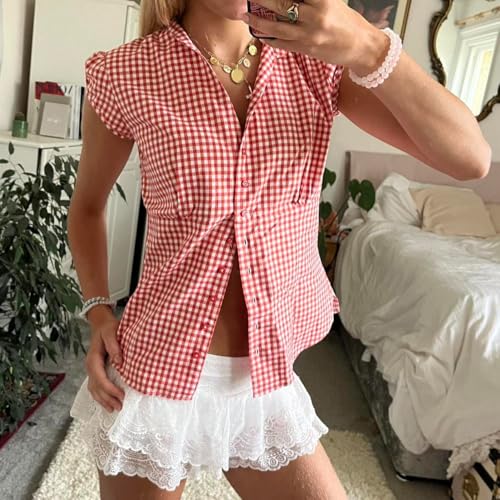 Image of Y2k Girls Vintage Coquette Button Down Shirt Women Short Sleeve V-Neck Slim Fitted T-Shirt Cute Blouse Crop Top