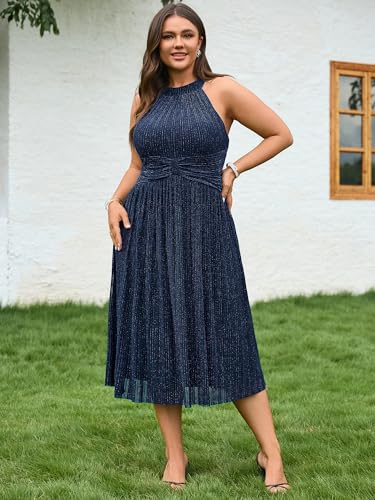 Ever-Pretty Plus Women's Glitter Halter Sleeveless Pleated Midi A-Line Plus Size Formal Wedding Guest Dresses4