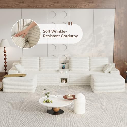 Image of 150 inch Oversized U-Shaped Modular Sectional Sofa | Multi Functional Console,Wireless Charging,6-Seater Upholstered Couch with USB and 2 Cup Holder,Easy Assembly,for Living Room