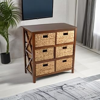 eHemco 3 Tier X-Side End Storage Cabinet with 6 Wicker Baskets, Walnut