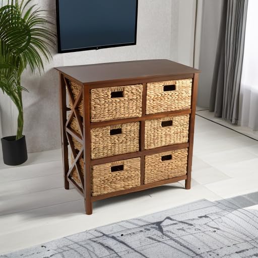 eHemco 3 Tier X-Side End Storage Cabinet with 6 Wicker Baskets, Walnut