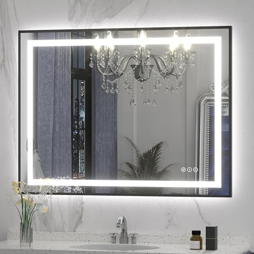 Image of 40x30 LED Bathroom Mirror with Black Frame, Dimmable Vanity Mirror with Lights for Wall, Backlit and Front Lighted, Memory, Anti-Fog, ETL Listed (Horizontal /Vertical)