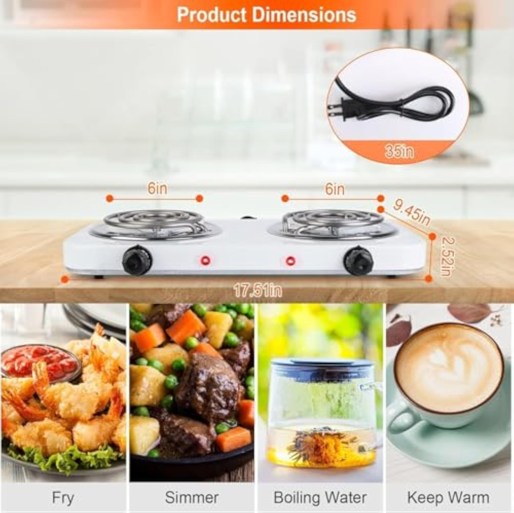 Double Burner Electric Hot Plate 2000W with Rapid Heating