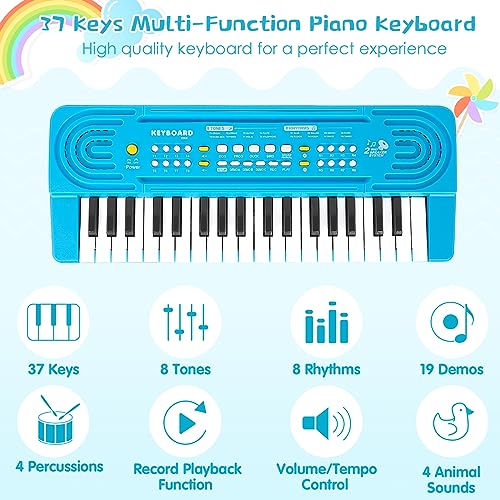 Shayson Kids Piano Keyboard with Microphone 37 Key Portable Music Piano for Childs Educational Electronic Musical Instrument Toys Gift for 3 4 5 6 Year Old Girls Boys Blue - Image 2