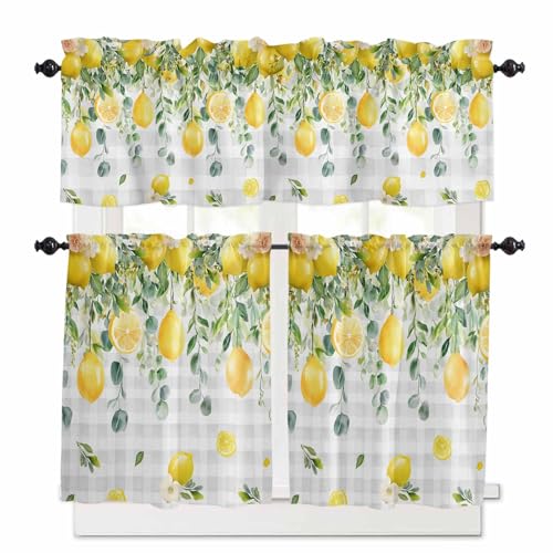 Watercolor Eucalyptus Kitchen Curtains 36 Inch Length,3 Piece Rod Pocket Small Half Tiers and Valance Set,Gray Plaid Flower Sweeping Leaf Small Large Window Treatment Decor for Bedroom/Bathroom Sink