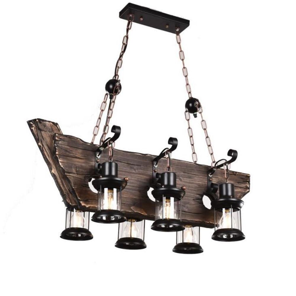 Bloohk One Color Industrial Boat Chandelier, Nautical Wood Canoe Pendant Light With 6 Lanterns, Rustic Maritime Hanging Ceiling Fixture For Kitchen Island, Dining Room, Bar