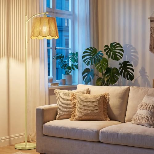Image of Karjoefar Hand-Woven Shade Rattan Boho Floor Lamps for Living Room Bedroom | 7W Bulb Included, 10-100% Dimmable, 67 inch Tall Farmhouse Floor Lamp for Bedroom Nursery and Living Room with Metal Base & Pole