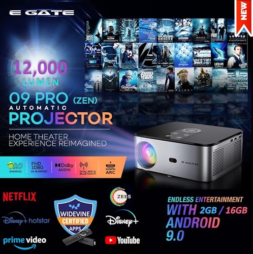 Image of EGate O9 Pro-Zen, Dual OS - Android+FTS (Certified Netflix, Prime, Hotstar & More), Full HD 1080 Projector, 12000 Lumens, 4K Support | 2GB-16GB | ARC HDMI | Dolby | Fully Automatic (EO9025,Black)