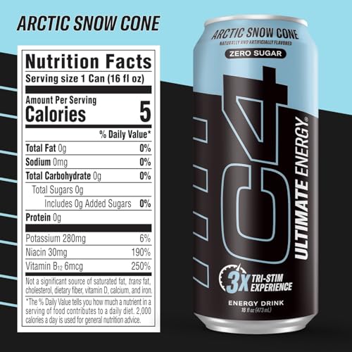 Image of C4 Ultimate Sugar Free Energy Drink 16oz (Pack of 24) | Arctic Snow Cone | Pre Workout Performance Drink with No Artificial Colors or Dyes