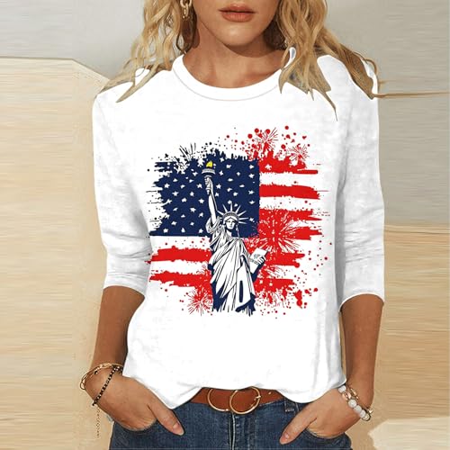 Image of Fourth of July Shirts for Women 3 /4 Sleeve Summer Tops American Flag Print T Shirt Patriotic 4th of July Shirts 2025