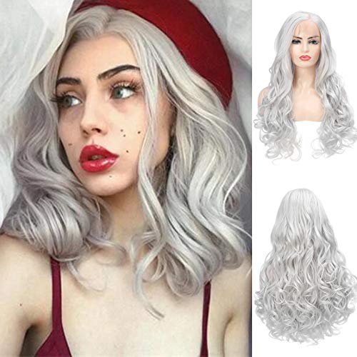 Baruisi Silver Lace Front Wigs Long Wavy Synthetic Natural Hairline Glueless Lace Wig for Women Hand Tied Hair Wig with Wig Cap