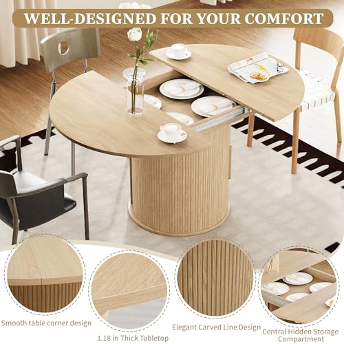 Image of weselon 43 inch-59 inch Extendable Round to Oval Dining Table with Hidden Storage, Modern Wooden Kitchen Table with Fluted Sliding Door Cabinet, Expandable Dinner Table for Dining Room Living Room (Natural)