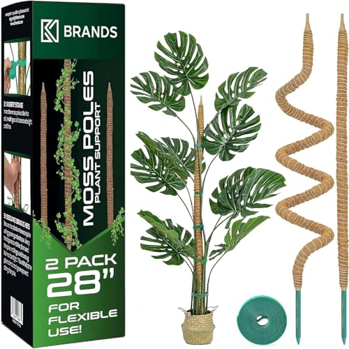 K-Brands Moss Pole (2 Pack, 71 cm/28 In/ 2.3 ft) - Bendable Monstera Plant Support - Cheese Plant Support Pole Sticks - Moss Poles for Climbing Plants - Plant Stakes Indoor with Ties