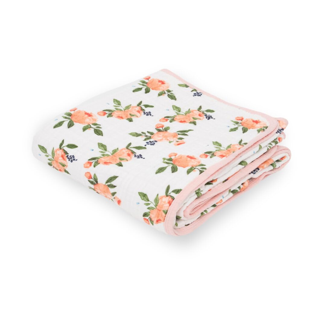 Little Unicorn Muslin Quilt Blanket | 100% Cotton Soft Multi-Layered Muslin Fabric | Toddler &amp; Baby Blanket | 47”x47” | for Nursery, Crib, Shower Gifts (Watercolor Roses 2)