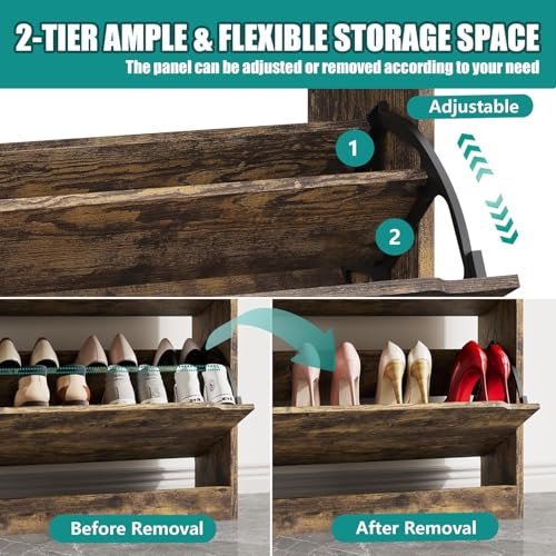 Image of Xixini Shoe Storage Cabinet for Entryway with 4 Flip Drawers, Sturdy Wood Hidden Shoe Storage, Freestanding Narrow Slim Shoe Organizer for Front Door Entrance, Living Room, Hallway, Bedroom, Brown