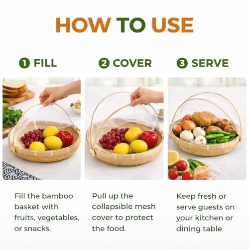Image of Bamboo Basket with Mesh Cover| Multipurpose Bamboo Storage Net Basket for Kitchen, Onion Potato Sabji, Fruit Storage Basket With Cover, Countertop Kitchen Organizer| (BASKET WITH NET)