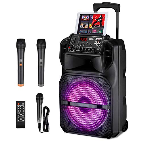 Karaoke Machine for Kids with 3 Karaoke Microphones, SEAPHY Dazzling DJ Light 12'' Sub-woofer BT Connectivity Portable PA Speaker System Bonus 2 Wireless Microphone/1 Corded Mic/Remote, Gift For Kids