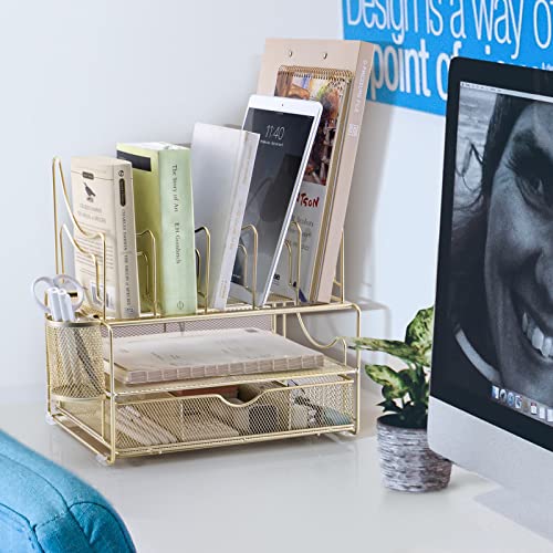 Rocdeer Desk Organizers And Accessories - Double Tray And 5 Upright Sections, Gold Office Supplies Desk Organizer With Drawer, File Office Organization With Binder Clips, Gold #TOP4
