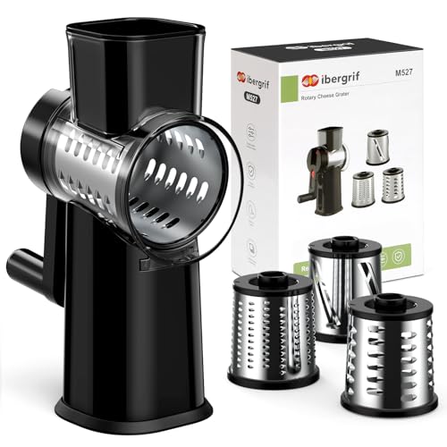 Ibergrif Râpeuse Fromage Manuelle Rotative – Mandoline à Légumes avec Ventouse, Coupe Légumes Multifonction 3 Lames Interchangeables (Trancher, Râper, Émincer),...