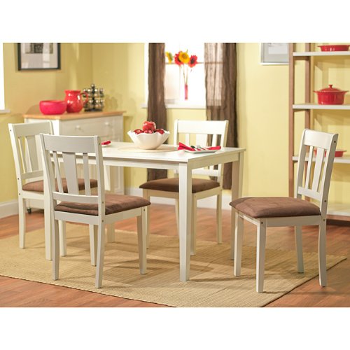 Brodrick White 5 Piece Dining Set, Rubber Wood Construction with Microsuede Upholstered Seats