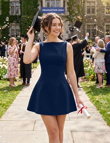 Image of YMDUCH Women's Sexy Sleeveless Crew Neck Backless A-line Party Short Mini Dress