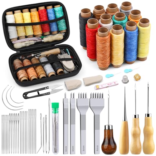 JUAYING Leather Sewing Kit Leather Working Tools Set Upholstery Repair Kit with Leather Prong Punch Waxed Thread Sewing Needles Awl for Stitching DIY Leather Craft Sewing