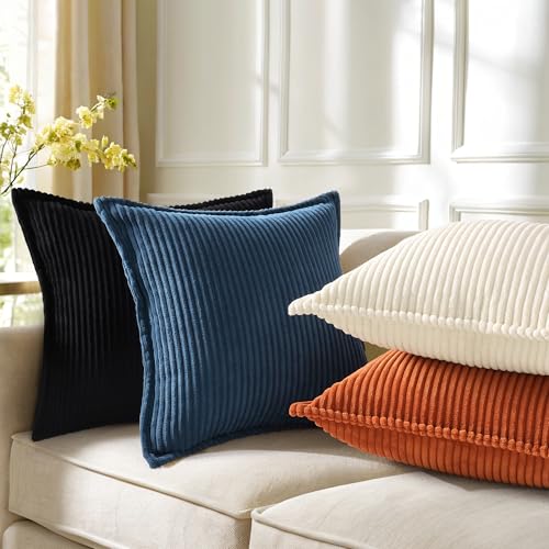 decorUhome Corduroy Black Throw Pillow Covers 16x16 Set of 2 Decorative Soft Boho Striped Neutral Euro Farmhouse Couch Pillow Cases with Broadside for Living Room Bed Sofa
