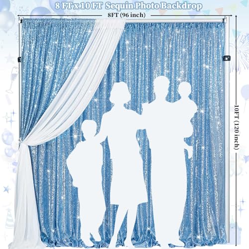 Image of Baby Blue Sequin Backdrop Curtain Drapes Background Party Decoration 8x10FT | Twilight Sparkle Glitter Fabric for Wall Photo Booth /Wedding /Baby Shower /Pincess Happy Birthday /Anniversary /Theme Party