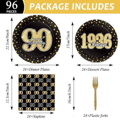 Image of 96PCS 90th Theme Birthday Party Tableware Vintage 1936 Party Supplies 90 Year Old Birthday Decorations Plates Napkins Forks Black and Gold Dinnerware Favors for Men or Women