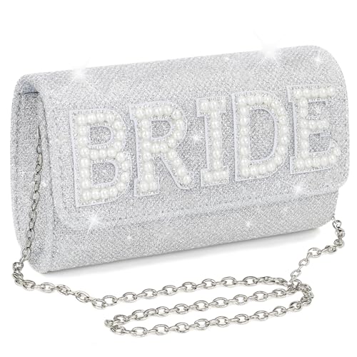 TWPER Bride Clutch Bag for Bachelorette Party Bridal Shower Silver Evening Purse Pearl Makeup Handbag for Wedding Honeymoon Engagement Gift for Bride to Be
