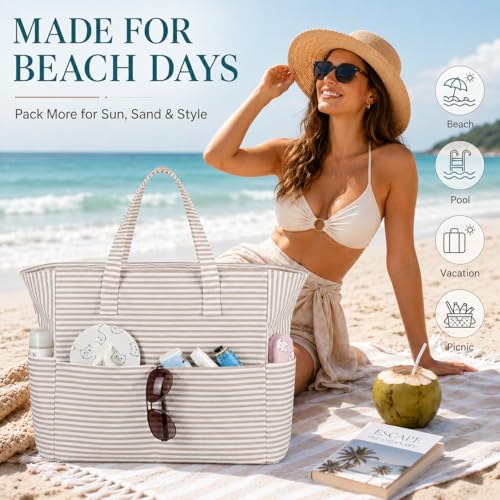 Image of LEDAOU Large Beach Bag Women Waterproof Sandproof Zipper Beach Tote Pool Bag for Swim Gym Grocery Travel with Wet Pocket
