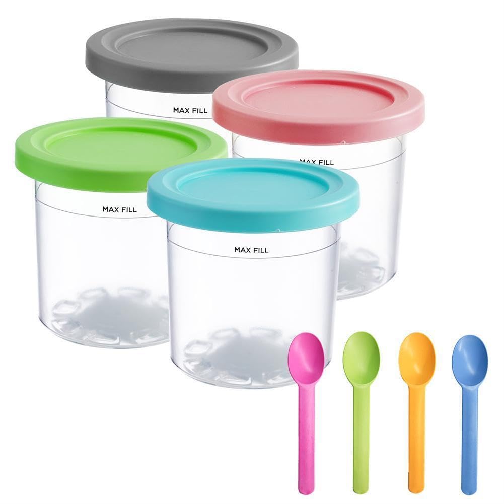 4 Pcs Ice Cream Pints Containers and Lids,BPA free, dishwasher washable, color lid, 1 pint per can, transparent/gray/lime/pink/light green