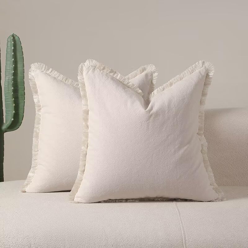 Newliky Juego de 2 Fundas de Cojín 45x45 con Bordes de Borlas de Algodón Lavado Almohadas Decorativa de Color sólido para Sala de Estar sofás Camas sillas Minimalista Color de Beige
