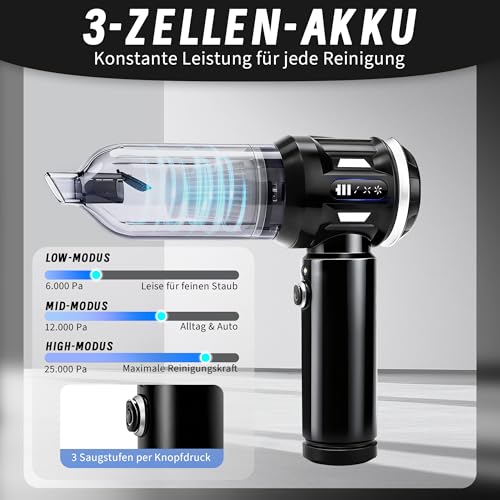 Citybee Aspirador de Mano sin Cable - Aspirador Coche Potente 25.000 Pa - 4 en 1 Aspirar y Soplado, Motor sin Escobillas - 3 Niveles, Luz LED, USB-C - Coche Hogar Pelo de Mascotas - imagen 3