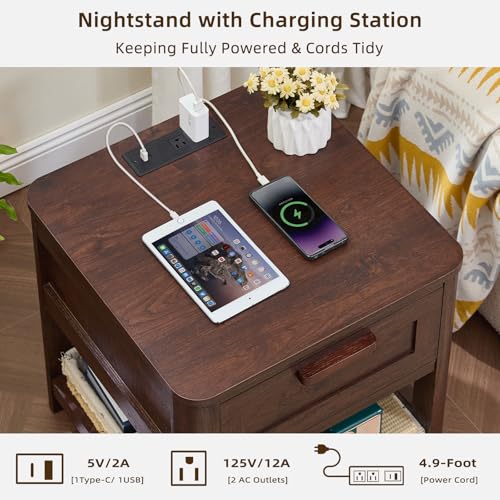 Image of Joaxswe Farmhouse Side Table Set of 2 Living Room, Small Night Stand with 1 Drawers & Open Shelving & 4 Thickened Table Legs, Walnut
