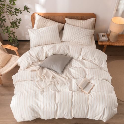 Image of BESTOUCH Striped Cotton Duvet Cover Set Linen Feel Super Queen | 100% Washed Cotton, Soft Wrinkle Texture, Hidden Zipper, 8 Ties, Breathable Lightweight Durable Comfy, 3 Pcs No Insert