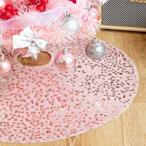 Christmas Tree Skirt, 18 inch Sparkly with Faux Fur Plush Mini Christmas Tree Skirt, Christmas Tree Base Mat Thin Velvet Rugs for Xmas Party Home Decorations (Pink)
