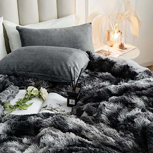 Choshome Plush Shaggy Duvet Cover Set Queen Size, Tie Dye Fluffy Faux Fur Comforter Cover Set, Fuzzy Bedding Set 3 Pieces (1 Duvet Cover + 2 Pillow Shams ), Zipper Closure, Tie-Dye Dark Grey #TOP5