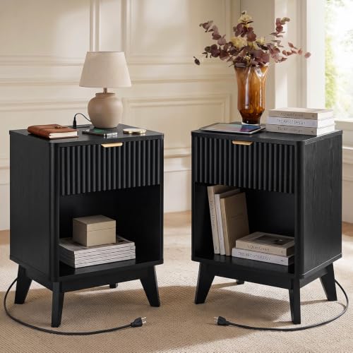 Image of LYNCOHOME 17.7 inch Tall Nightstand with Charging Station,Set of 2, Black