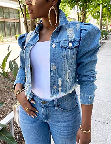 Omoone Women's Ripped Puff Sleeve Denim Crop Top Long-Sleeve Cropped Jean Jacket2