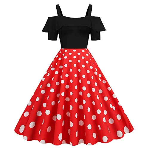 Wellwits Women's Off Shoulder Strap Polka Dots 1950s Vintage Dress