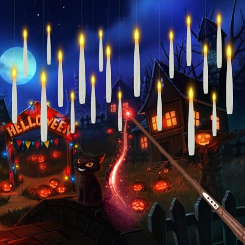 Floating Candles with Wand, 12 PCs Christmas Decorations Magic Hanging Candles, Flickering Warm Light Flameless Floating LED Candle with Wand Remote, Battery Operated Christmas Tree Candle Xmas Gift