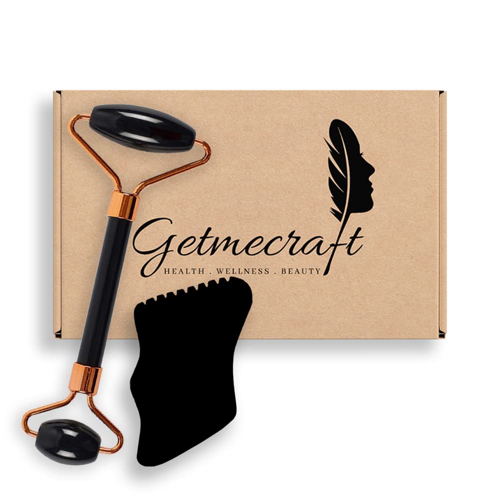 Getmecraft Black Obsidian Face Roller and Black Obsidian Gua Sha with Teeth Shape Sides and Ridges Massage Tool Set Massager For Face, Neck, Dark Circles and Under Eye Treatment