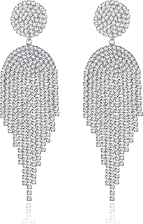 Adramata Rhinestone Clip on Earrings for Women Elegant Crystal Long Drop Dangle Tassel Clip On Earrings Chandelier Statement Earrings for Women