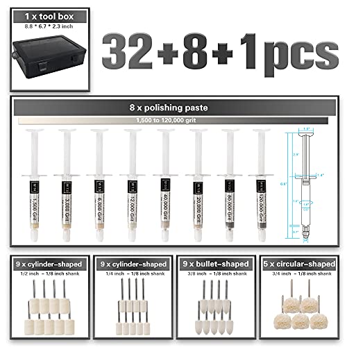 Tryuunion 40 Pcs Diamond Paste Polishing Kit With 32 Grinding Buffing Bits, 8 Oil Based Lapping Compound 1,500- Ultra Fine 120,000 Grit With Box For Metal/Coin/Stone/Jewelry/Ring Polishing #TOP1